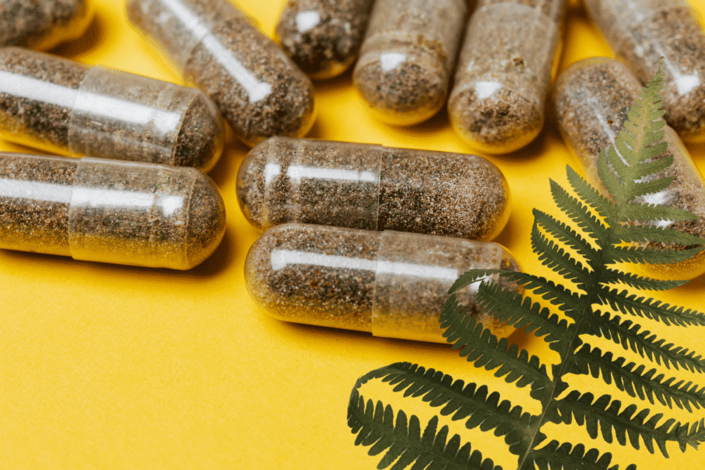 Polypodium leucotomos herbal capsules on yellow background with fern leaf